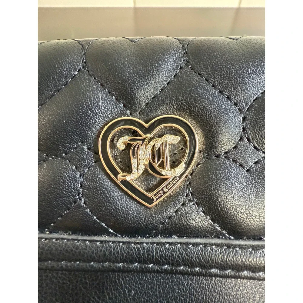 Juicy Couture Wallet Women's Black Quilted‎ Heart Trifold Charm NWT